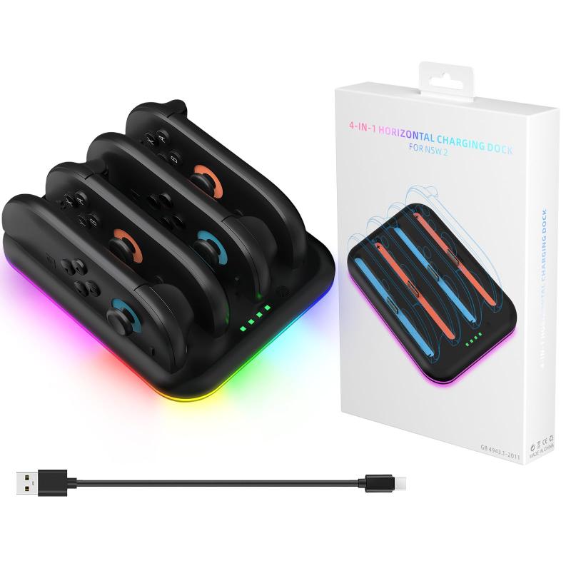 Switch 2 対応 ジョイコン 充電スタンド【2025新登場】 4in1 収納 一体型 スイッチ2用コントローラ充電ステーション RGB雰囲気灯付き 急速充電 取付簡単 省スペース Switch 2 周辺機器対応