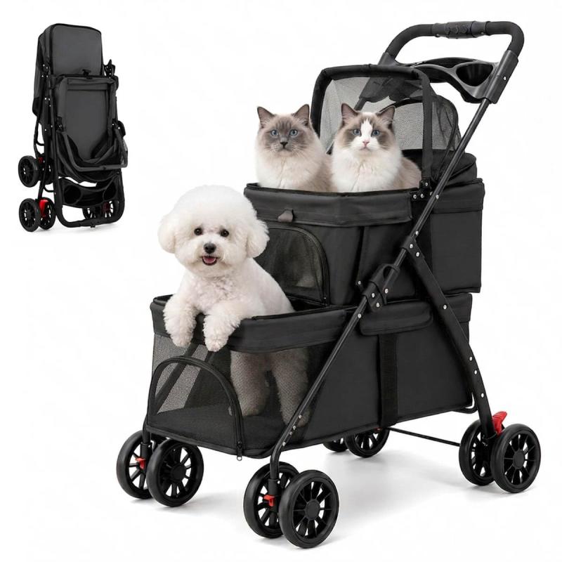 MODONG ペットカート 2段式 犬 カート ペットかーと折たたみ可能 小型犬 前輪360°回転 後輪ブレーキ付 組み立て簡単 耐荷重20KG 猫 小型犬多頭 通院 散歩 介護用 収納便利上下独立二層式のペットカートは、複数匹のペットの同時移動を可能にし、ペット同士の干渉を防止します。この犬カートには安全ストラップが装備され、驚いたペットの逃亡を防ぎますンタッチ折りたたみ機構を採用したペットカートは、片手操作が可能です。折りたたみ時重量5kgの軽量設計で、女性でも楽に運べる犬ベビーカーです360°回転前輪と後輪独立ダブルブレーキを搭載した犬ベビーカーは、カーブや坂道でも安定走行と安全な停止を実現。このペットカートの優れた安定性が、安心なお散歩をサポートしますフードトレイと2つの収納ポケットを装備した犬カートは、ペットと飼い主の水筒や小物を収納可能。ペットカートの利便性が大幅に向上しています洗濯可能なオックスフォード素材を使用したペットカートは、カバーの着脱が簡単。清潔を保てる犬ベビーカーとして、衛生的な使用を実現します