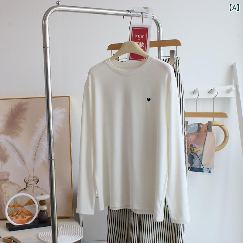 長袖Tシャツ レディース 春秋 ラウンドネック ハート柄 澳絨 柔らかい 着痩せ効果 ゆったり 重ね着 起毛 伸縮性 インナー トップス・素材: メッシュ、スパンデックス30%以下・スタイル: カジュアル、日韓風・袖丈: 長袖・フィット感: レギュラーフィット・着丈: 約50-65cm・ネックライン: クルーネック・袖のタイプ: 通常袖・カラー展開: ホワイト、ブラック・サイズ展開: ワンサイズ
