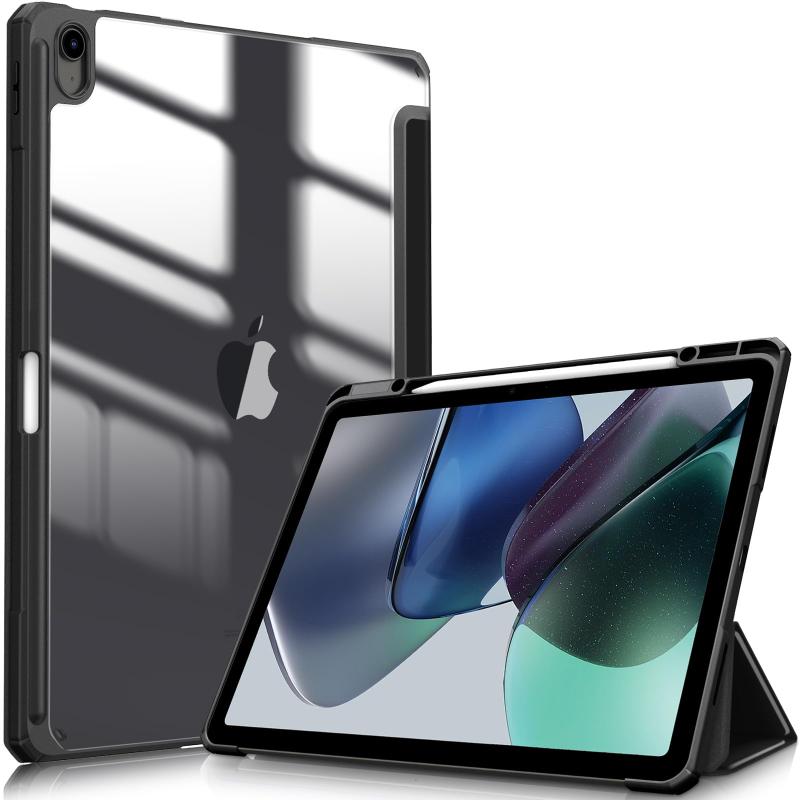 Fintie iPad Air 13インチ(M3/M2) ケース 2025/2024 透明バックカバー Apple Pencil 収納可能 Apple Pencil Proワイヤレス充電対応 三つ折スタンド スリープ機能 軽量 薄型 傷つけ防止 PU合成レザー TPU【対応機種】 iPad Air 13インチ M3 2025発売(モデル番号：A3268/A3269/A3271) / M2 2024発売(モデル番号：A2898/A2899/A2900)専用スマートケース、透明バックカバー。(ご注意：iPadの他のモデルには対応していません、ご注文の際に、お手元機種の背面にあるモデル番号を確認をお願い致します。)【材料・透明バックカバー】 ケースの表面はPUレザー素材を利用して、軽量、超薄を備えます。ポリカーボネート素材を採用している透明バックカバーは汚れや傷つけなどを防止するだけでなく、iPad本体の色と美しさも活かせます。透明バックカバーの枠は柔軟なTPUを採用して、取り付けも簡単にできます。フロントカバー内部材質はマイクロファイバーで、摩擦によって発生する傷を抑え、液晶画面を保護しきれいに保ちます。(ご注意：透明バックカバーには保護用のフィルムがついていますので、ご使用前に保護フィルムを剥がしてください。)【Apple Pencil Pro/ (USB-C)収納、Proワイヤレス充電対応】 便利なペンホルダーが付き、ペンシル紛失せずご安心利用頂けます。また、Apple Pencil Proワイヤレス充電も可能なので、収納や持ち運びに便利です。いつでもどこでもiPadを快適に使えます。(ご注意：当該商品はケースだけで、iPad本体やApple Pencilなどがついていません。)【オートスリープ機能】 オートスリープ機能対応モデル、 カバーをあけると電源が自動的にON、閉じると電源が自動的にOFF。バッテリーの消耗を最小限に抑えることが可能です。【スタンド機能と精密な加工】 三つ折スタンドタイプなので、横向きに立てかけて、動画視聴、読書、WEBなどに便利です。また、充電ケーブルやカメラなどの対応しているところに精密な穴を加工されており、ケースを装着したままタブレット本体の各操作が可能です。