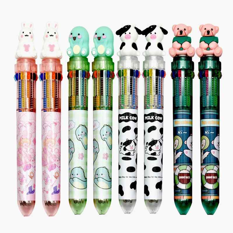 Lopenle 可愛い 動物 10色 ボールペン 4本 多色 ウサギ クマ 牛 恐竜 ボールペン 文房具セット 油性 筆記具 かわいい ノック式 マーキング 格納式 多機能 業務用 子供 学生 プレゼント ギフト 結 emuland-store-10726089 emuland パッケージ画像