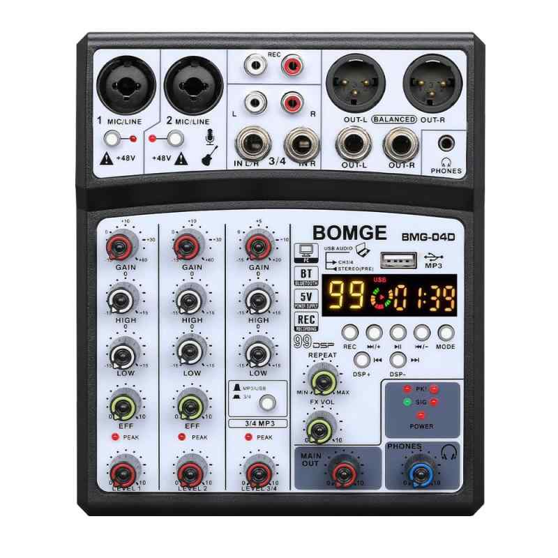 BOMGE4チャンネル16DSPエコー djオーディオサウンドミキサーインターフェースミキシングコンソールカラオケMP3USB Bluetooth、ステレオレコード、48Vファンタム電源、5V電源