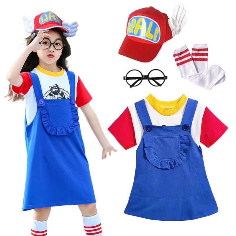 [Joyesplay] ハロウィン 子供 コスプレ 仮装 アラレ風 帽子 キッズ コスチューム ロンパース ワンピース 男の子 女の子 道具 ハロウィン 仮装 イベント パーティー 演出 诞生日 プレゼント 5点セ【充実の5点セット】このコスプレセットには、(1)ロンパース/ワンピース、(2)帽子、(3)メガネ、(4)靴下、(5)T シャツなど5点が含まれています。男の子用はロンパース仕様で、女の子用はワンピース仕様となっており、子どもたちが好きなキャラクターになりきれるよう、細かな部分までこだわってセットにまとめられています。【忠実なアニメ風再現】人気アニメの主人公をテーマに作られたこのコスプレセットは、キャラクターの服装スタイルを忠実に再現しています。鮮やかなカラーリングや特徴的なデザインポイントをしっかりと取り入れており、アニメのファンならずとも、可愛らしさに惹かれること間違いなしです。【高品質な綿素材で肌に優しい】主に綿を素材として使用しています。柔らかくて通気性に優れており、子どもの敏感な肌にもやさしく、長時間着用しても快適です。また、高品質な素材により、耐久性もあり、活発な遊びでも破れにくく、長期間愛用できます。【幅広いサイズ展開】90、100、110、120、130、140、150など、豊富のサイズをご用意しております。子どもの身長や体型のに合わせて、快適に着用できるサイズを選ぶことができます。詳細なサイズ表もご用意しているので、安心してお選びいただけます。可愛い仮装を着てパーティーを楽しみましょう～【様々なシーンで活躍する万能セット】ハロウィーン、運動会、学園祭、クリスマス、コスプレパーティ、文化祭、遊園地での遊び、ギフトなど、様々なシーンでご利用いただけます。特にイベントや祝日の際に、子どもたちが楽しくコスプレを楽しめるだけでなく、普段着としてもお使いいただけます。