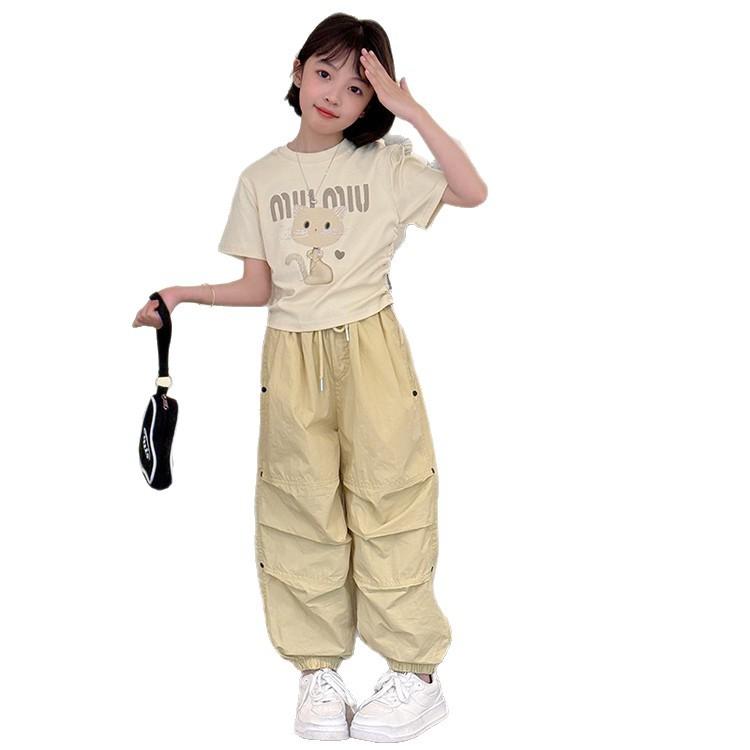 セットアップ 女の子 ジュニア キッズ 子供服 半袖 Tシャツ カーゴパンツ 上下セット 2点セット 猫 ラインストーン 薄手 夏 お出かけ 通学 普段使い カジュアル 10代