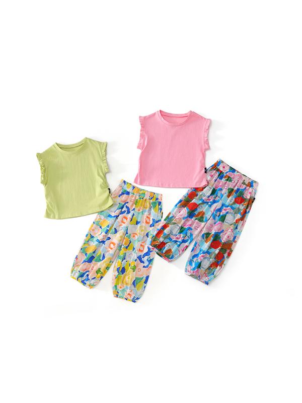 キッズ セットアップ 女の子 半袖 Tシャツ 防蚊パンツ 2点セット 子供服 トップス フリル ボトムス ズボン ジュニア 10代 かわいい おしゃれ 夏物 お出かけ 通学 デイリー 涼しい 快適 ウエストゴム