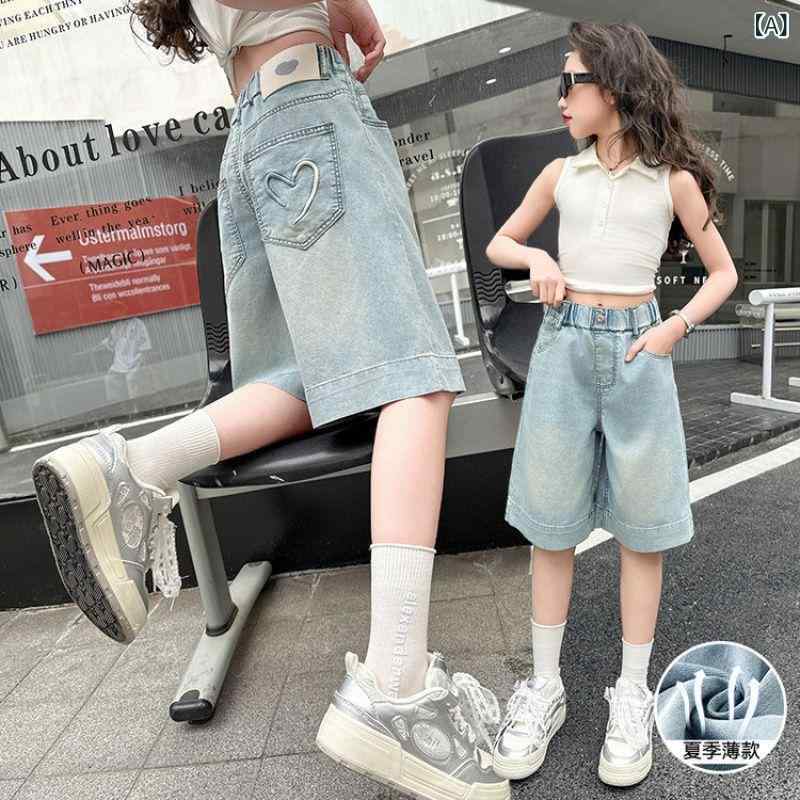 ・カテゴリ: キッズパンツ・スタイル: 韓国風・素材: デニム（ポリエステル85%）・安全基準: B類・丈: 五分丈・ミディアム丈・対象性別: 女の子・対象年齢: 中大童（8歳以上、身長140cm以上）・デザイン: デニムパンツ・カラー展開: ライトブルー・対応身長: 120cm、130cm、140cm、150cm、160cm、170cm・加工: サンドウォッシュ