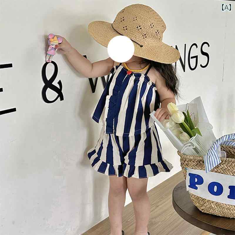 ・カテゴリ: キッズセットアップ・対象性別: 女の子・スタイル: 韓国風・セット内容: トップス、パンツ（2点セット）・対象年齢: 3〜8歳・袖丈: ノースリーブ・パンツ丈: ショートパンツ・生地の厚さ: 薄手・柄: ストライプ・素材: 化学繊維混紡・主な素材: ポリエステル90%・安全基準: B類・合わせ口仕様: プルオーバー・カラー展開: ブルー系ストライプ・サイズ展開: 4Y、5Y、6Y、7Y