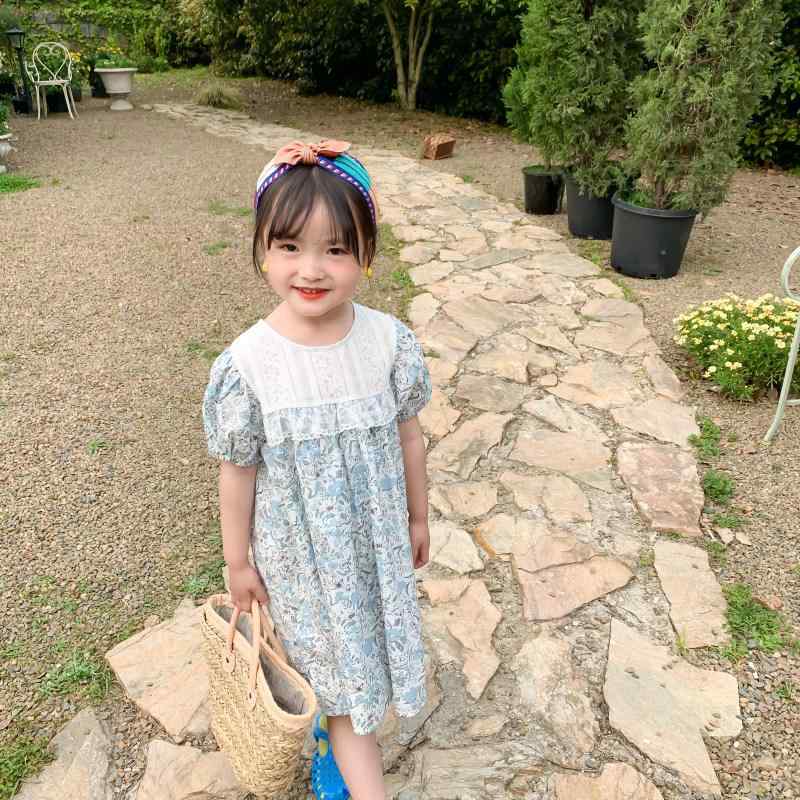 ワンピース 女の子 半袖 キッズ 子供服 プリンセス レース襟 花柄 フリル 切り替え かわいい お出かけ 通園 旅行 ベージュ 春 夏