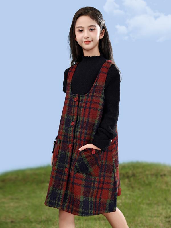 ・カテゴリ: キッズスーツ・セットアップ・対象性別: 女の子・スタイル: 韓国風・セット内容: スカートスーツ・セット点数: 2点セット・対象年齢: 8歳以上（140cm以上）・袖丈: 長袖・フード: なし・生地加工: 起毛加工、柔軟加工・厚さ: 極厚・柄: チェック、無地・デザイン要素: セットアップ、可愛い、カーディガン、フリル、リボン、親子お揃い、プリンセス、トレンド風・素材: オーガンジー・主な素材成分: ポリエステル80%・安全基準: B類・留め具の種類: シングルブレスト・カラー展開: レッドチェックジャンパースカート、ブラックセーター・サイズ展開: 120cm、130cm、140cm、150cm、160cm、170cm（親子サイズ）
