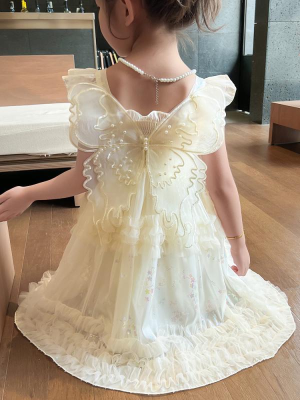 ・スタイル: プリンセス風・カテゴリ: サロペットスカート・安全基準: C類・素材: ビニロン、綿、ネット（チュール）・対象性別: 女の子・対象年齢: 8歳以上、140cm以上・柄: 無地・加工: 柔軟加工・デザイン: ノースリーブ・シルエット: プリンセスドレス・ディテール: レース・カラー展開: アイボリー（ウィング付き）・サイズ展開: 100cm、110cm、120cm、130cm、140cm、150cm、160cm