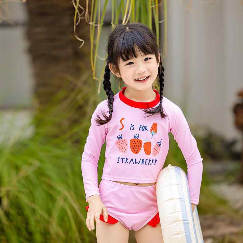 子供 水着 女の子 セパレート スイムウェア 長袖 ラッシュガード フルーツ柄 キャラクター 日焼け防止 紫外線対策 UVカット かわいい 海 ビーチ プール 旅行 幼児 小学生 ジュニア 2点セット スイムキャップ付き 夏