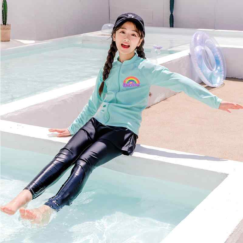 ・対象年齢: 0〜10歳・性別: 女子・デザインスタイル: 韓国風、小清新風・素材: ポリエステル88%・裏地: ポリエステル100%・重量: 約200g・対応シーン: 水泳、マリンスポーツ・カラー展開: オレンジ（スカート・カーディガン3点セット）、グリーン（スカート・カーディガン3点セット）、ブラック（4点セット）・サイズ展開: 身長120-130cm、身長130-140cm、身長140-150cm（胸パッド付き）、身長150-160cm（胸パッド付き）・スタイル: ビキニショーツ