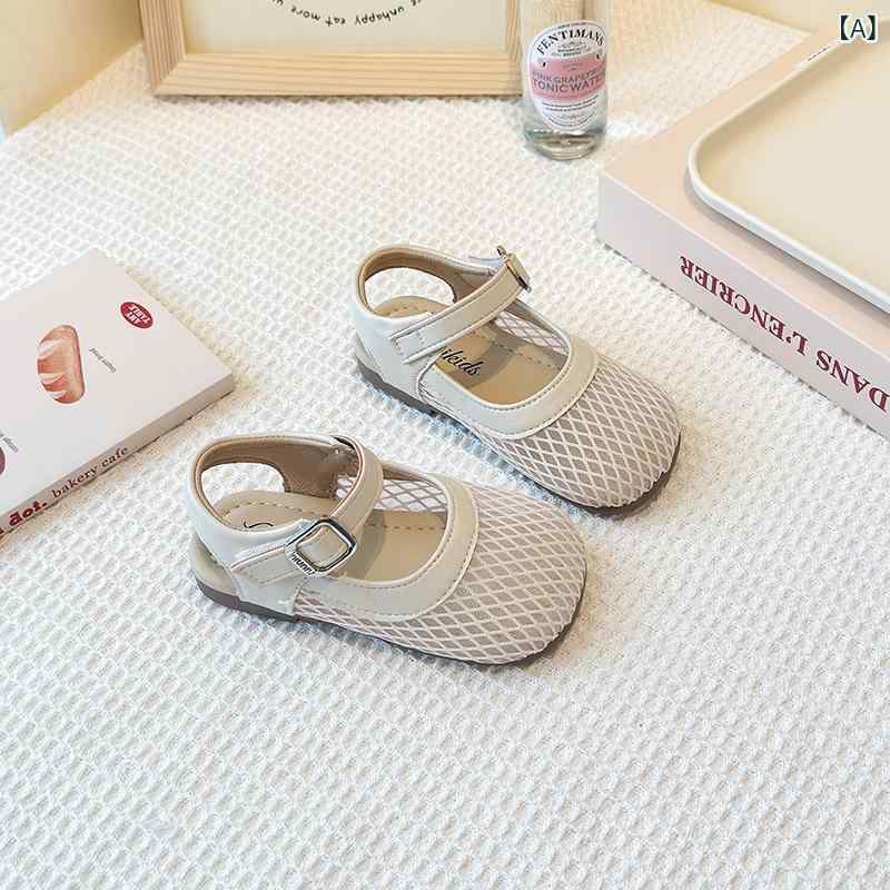 子供靴 サンダル 女の子 ジュニア メッシュパンプス フラットシューズ ストラップシューズ ローヒール 透け感 通気性 履きやすい 脱ぎやすい 柔らかい 歩きやすい キッズ 夏 お出かけ 通園 通学 旅行 白 ベージュ かわいい — vista 2