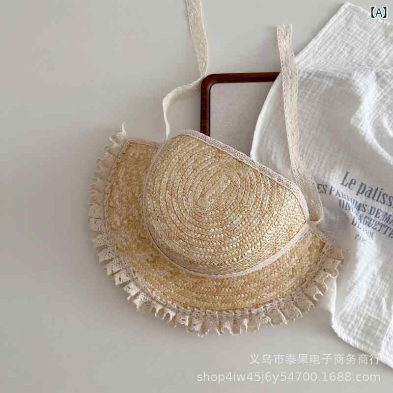 サンバイザー 帽子 キッズ 女の子 麦わら帽子 ストローハット 紫外線対策 UVカット 日よけ 大檐 レース 麦稈 軽量 か…
