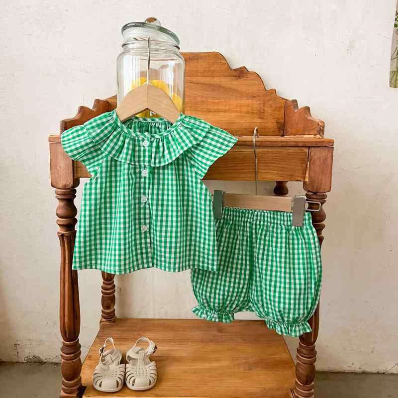 ベビー服 セットアップ 男の子 女の子 夏 半袖 トップス パンツ 2点セット 襟付き チェック柄 コットン グリーン かわいい お出かけ 出産祝い