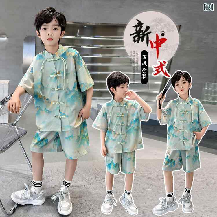 男の子 唐装 セットアップ 夏 半袖 竹柄 トップス ハーフパンツ キッズ 上下セット 国風 涼しい 薄手 チャイナ風 お出かけ 通園 通学 カジュアル グリーン ベージュ 子供服 100 110 120 130 140 150 - 3