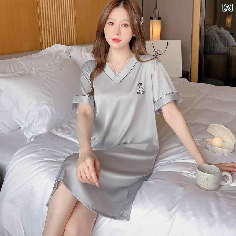 アイスシルクナイトガウン 女性の 夏の 半袖 パジャマ セクシーな ハイエンド 大きい サイズ ルーズ 薄い サテン かわいい V ネック ホーム 服