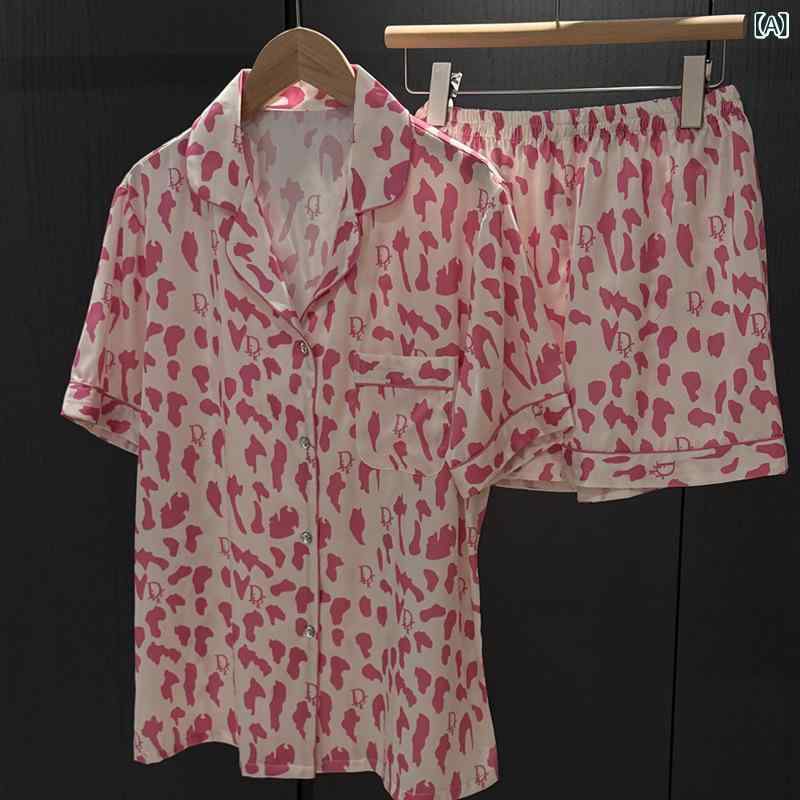 半袖 パジャマ 女性 シルク 春 夏 薄手 ゆるい 豹 柄 氷 糸 セット 甘美で 家庭 服 カバーを 着る ことが できる