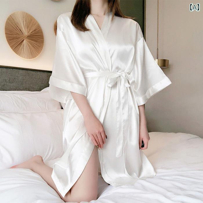 パジャマの 女性の 夏の 氷の 糸の 薄い タイプの 白い セクシーで かわいい 寝 服の スカートの 韓国 版の バスローブ 式の ゆったり した 家庭 服の 朝の 服
