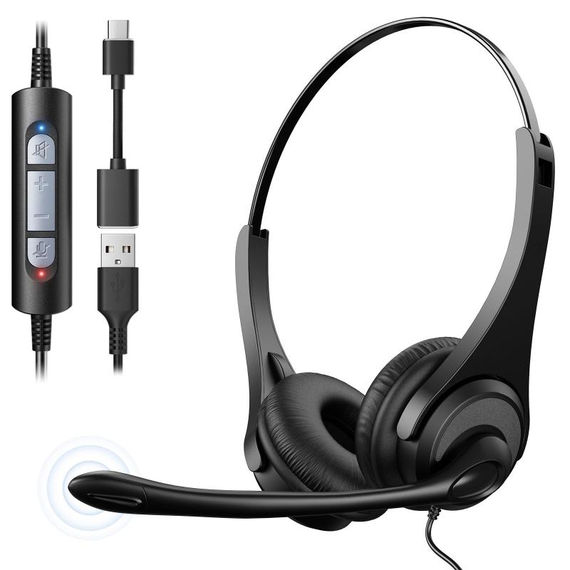 Voistek ヘッドセット Type-C/USB-A/ 3.5mm Jack/2.5mm Jack 4-IN-1 両耳 ノイズキャンセリングマイク付き 有線 ヘッドセット Skype、Web会議、在宅勤務、リモートワーク、通信事業者に適用される プロ ビジ