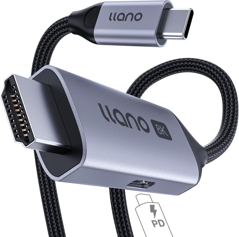 llano 8K USB-C HDMI変換ケーブル【2026新設計2-in-1】100W PD急速充電ポート付きThunderbolt 高耐久ナイロン8K@60Hz /4K@240Hz【単方向通信】Type-C - HDMI対応 iPhone 17/16
