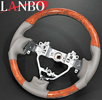 【M's】スズキ エブリィ ワゴン(DA17W)LANBO ガングリップタイプ コンビステアリング(茶木目調/グレーレザー)／／社外品 SUZUKI EVERY WAGON ランボ ハンドル パンチングレザー ウォールナット