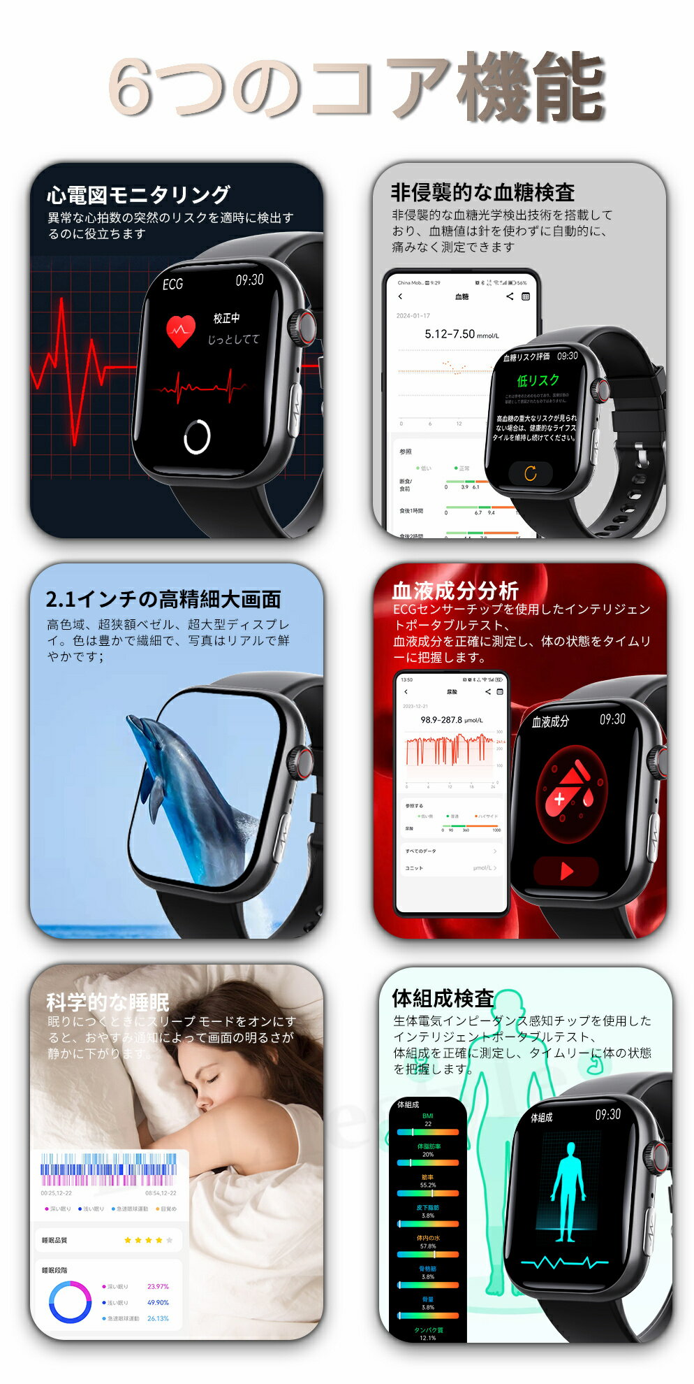 即納！血糖 計 スマートウォッチ 血圧 血糖測定 心電図ECG測定 日本製センサー 通話機能 健康管理 歩数記録 モニタリング 体温 血中酸素 心拍数 着信通知 2.10インチ大画面 IP67防水 iPhone Android LINE 日本語取説 高齢者 男女兼用腕時計 父の日母の日 プレゼント