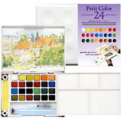 固形水彩絵具 サクラクレパス プチカラー水筆入り24色セット (水筆・パレット・スポンジ付き) 【サクラクレパス】【固形水彩絵具】【プチカラー】【24色セット】...