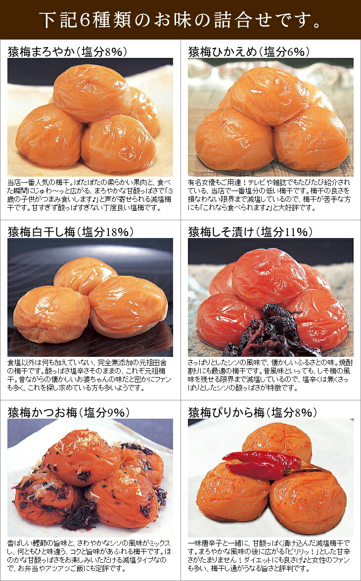 梅干し お中元 味わいの詰合せ 猿梅の梅干し 6種類入り 贈答用ギフト 完熟した紀州南高梅 減塩梅干し 夏ギフト 御中元 暑中御見舞 残暑見舞い 御歳暮 お歳暮 冬ギフト お年賀 内祝い 引き出物 結婚内祝い 出産内祝い 結婚祝い 出産祝い 法事 御供え enbai-10000020 猿梅 (紀州の梅干) サンプル画像3