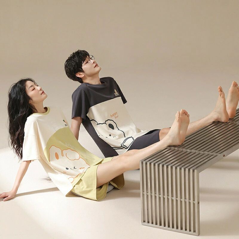 ペア パジャマ 半袖 夏 綿100% 男女2着 セット セットアップ カップル 高級 ルームウェア 半袖トップス+ショートパンツ 春夏 ペアパジャ