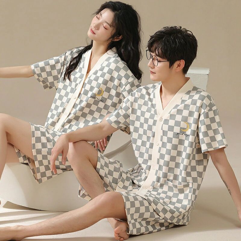 ペア パジャマ 半袖 夏 綿100% 男女2着 セット カジュアル カップル おしゃれ ギンガムチェック ルーム..