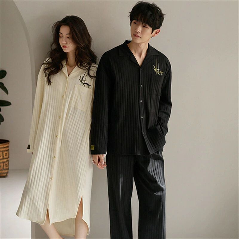 ペア パジャマ 長袖 男女2着 セット 綿100％ カップル 春 秋 ネグリジェ シンプル 長袖トップス ルーム..