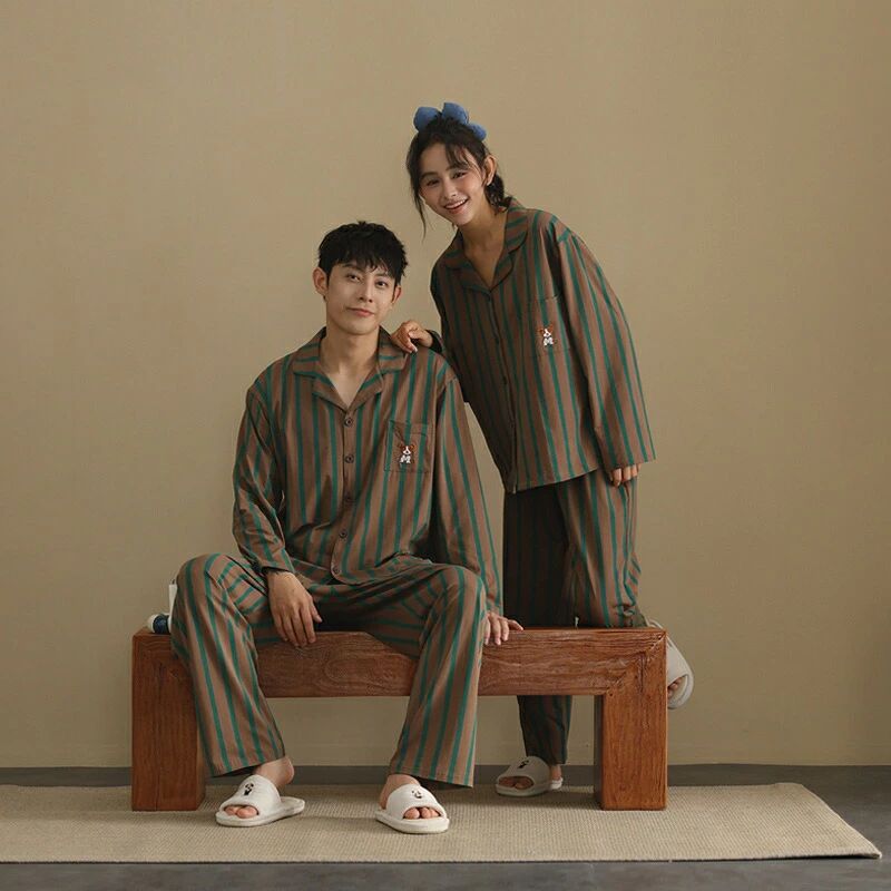 ペア パジャマ 長袖 男女2着 セット 綿 秋 ストライプ ニット 長袖トップス ルームウェア ポリエステル 冬 ペアパジャマ 結婚祝い プレ