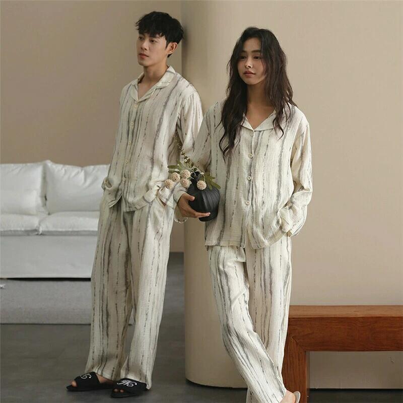 ペア パジャマ 長袖 男女2着 セット 綿100％ 綿 シンプル ルームウェア 前開き 冬 コットン ペアパジャ..