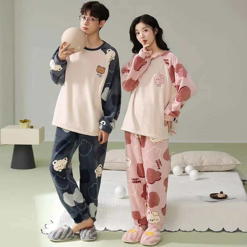 ペアパジャマ もこもこ 冬 男女2着 セット 厚手 秋 パジャマ ルームウェア フランネル ポリエステル おしゃれ ペア 長袖 クルーネック