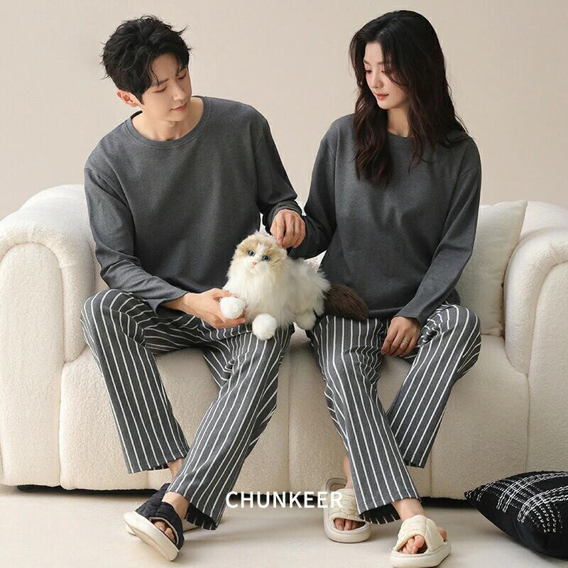 ペア パジャマ 長袖 男女2着 セット 綿100％ 無地 カップル 秋冬 長袖トップス ルームウェア クルーネック 秋 コットン ペアパジャマ 結