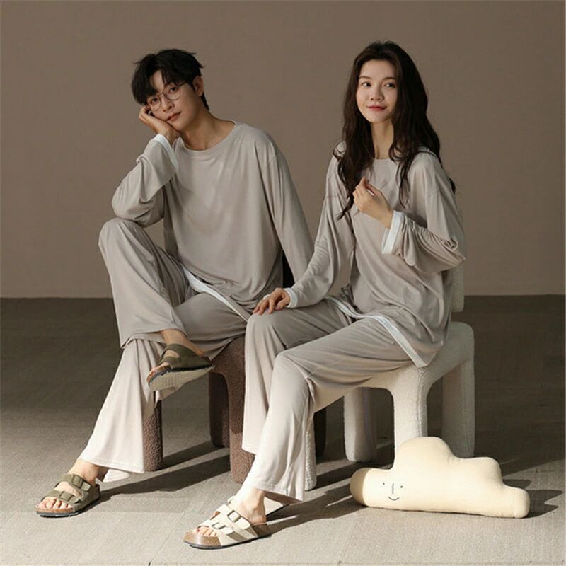 ペア パジャマ 長袖 男女2着 セット 無地 柔らかい 秋 長袖トップス ルームウェア クルーネック ポリエステル 冬 ペアパジャマ 結婚祝い