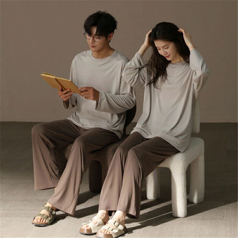 ペア パジャマ 長袖 男女2着 セット 無地 柔らかい 秋 シンプル 長袖トップス ルームウェア クルーネッ..