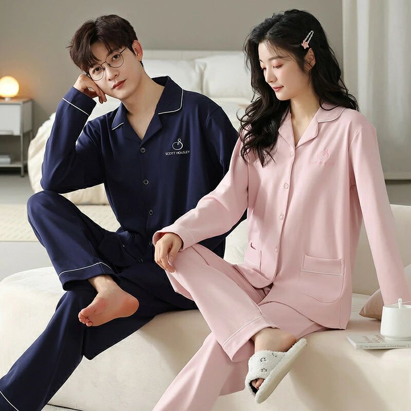 ペア パジャマ 長袖 男女2着 セット 綿100％ 春 秋 秋冬 長袖トップス ロングパンツ ルームウェア 前開..