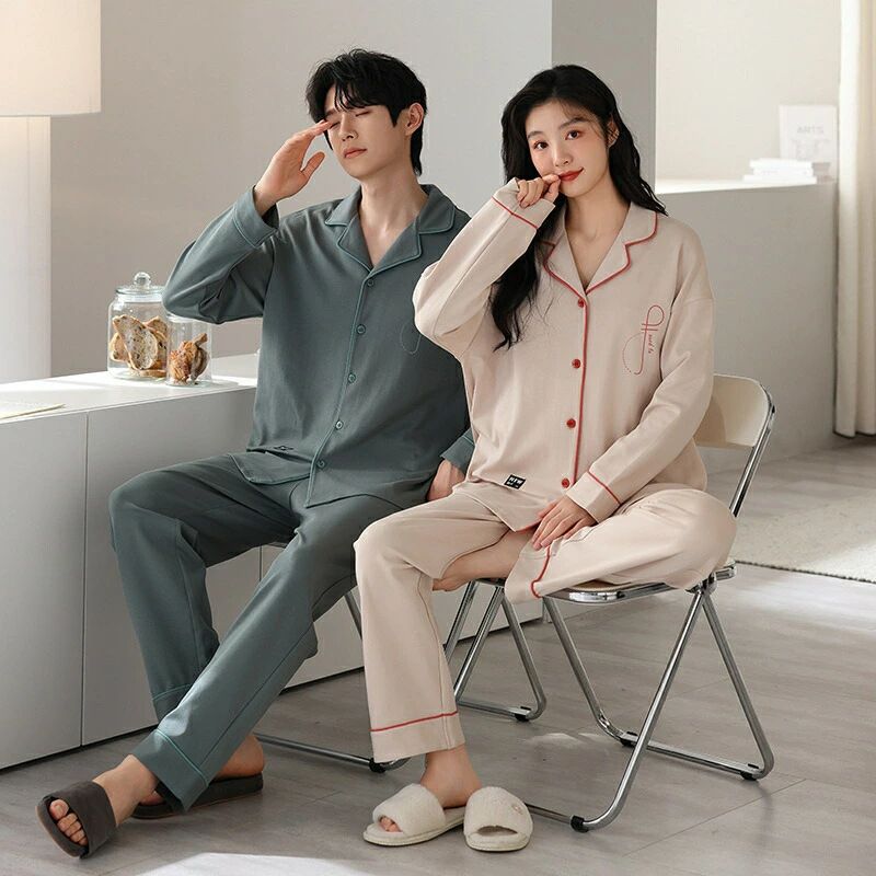 ペア パジャマ 長袖 男女2着 セット 綿100％ 無地 カップル 春 秋 裏起毛無し 長袖トップス ルームウェ..