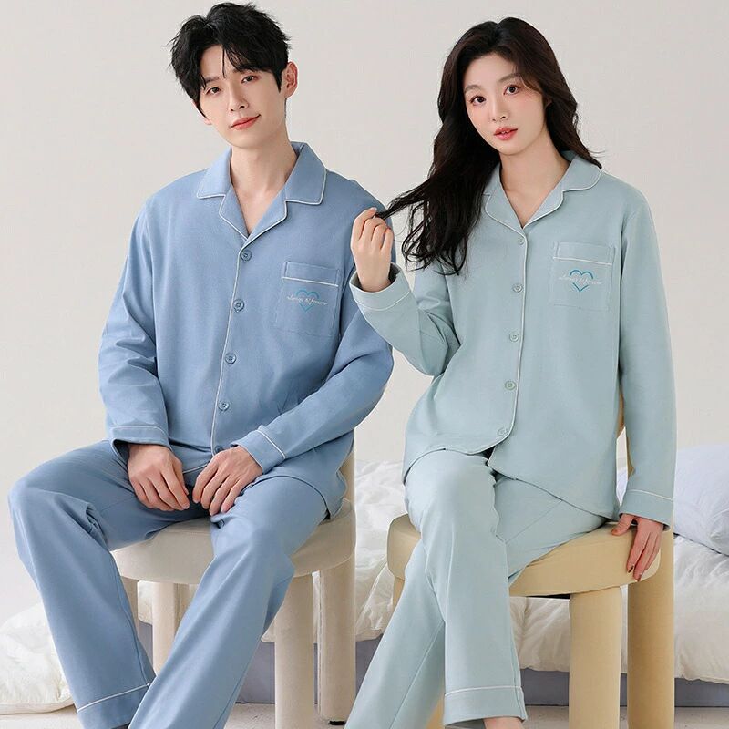 ペア パジャマ 長袖 男女2着 セット 綿100％ カップル 春 秋 無地 裏起毛無し 長袖トップス ルームウェア 冬 コットン ペアパジャマ 結