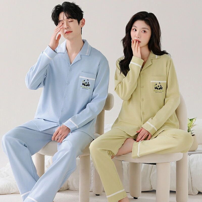 ペア パジャマ 長袖 男女2着 セット 綿100％ パンダ カップル 春 秋 無地 裏起毛無し 長袖トップス ル..