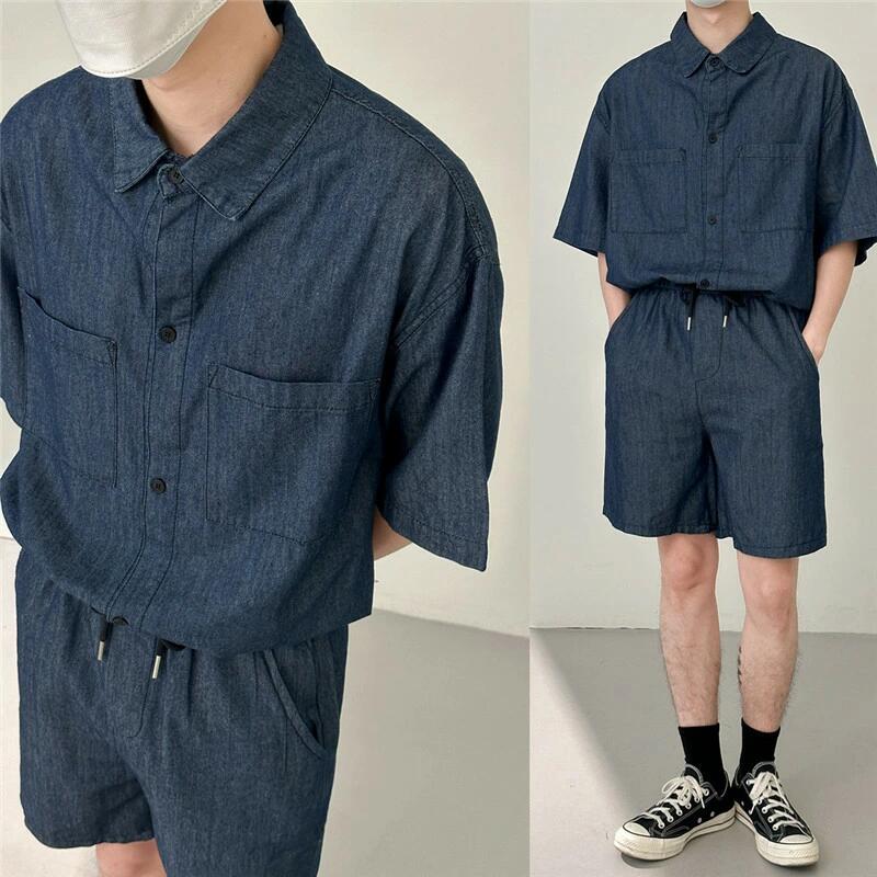 ジャージ 上下 メンズ 夏 半袖 シンプル ウォッシュ ストリートコーデ 薄手 ブラウス 2点セット デニム..