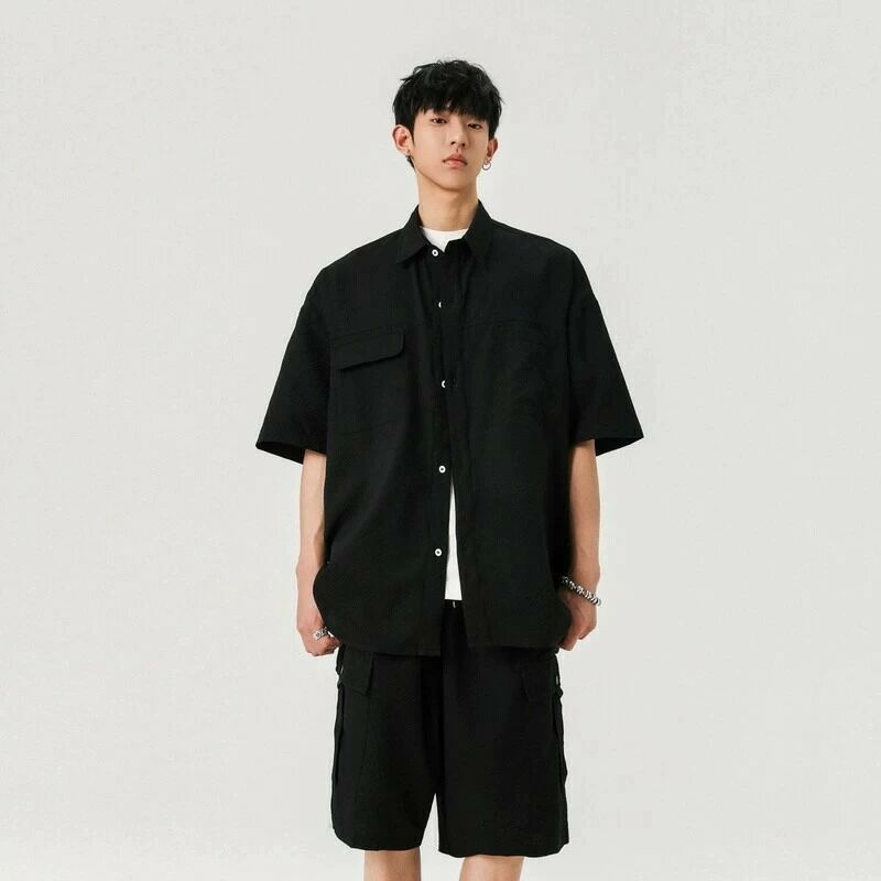 ジャージ 上下 メンズ 夏 半袖 シンプル 前開き カジュアル セットアップ ブラウス 2点セット 大きいサ..