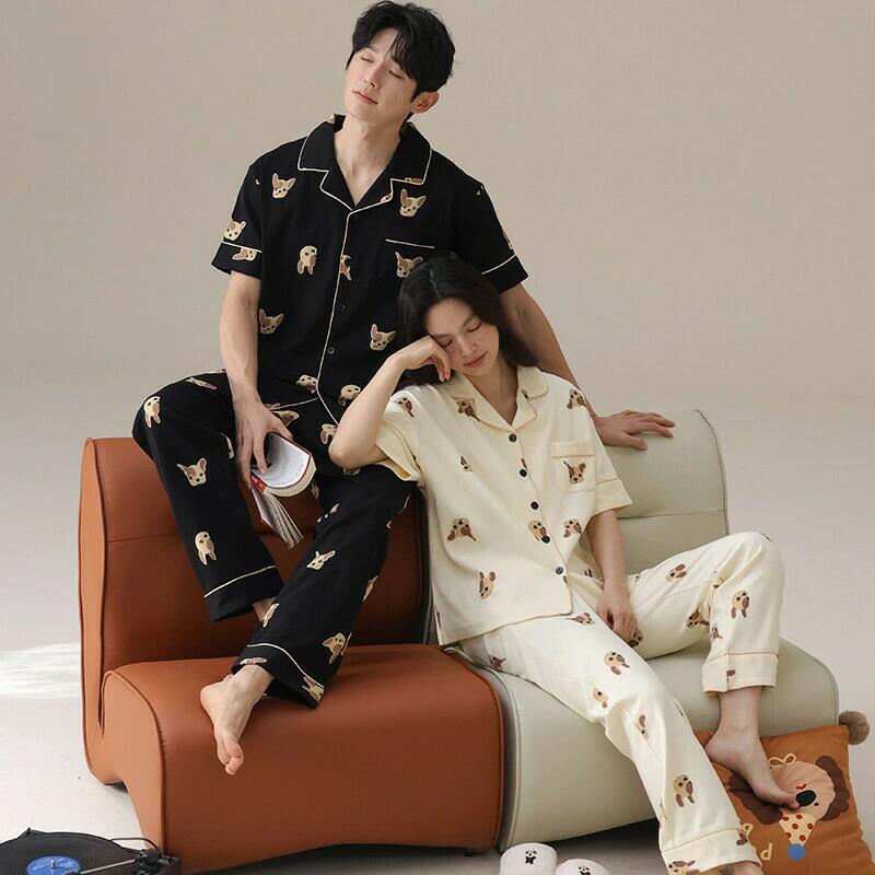 ペア パジャマ 半袖 夏 男女2着 セット 春 犬 カップル 綿100％ 薄手 ルームウェア 半袖トップス ロン..
