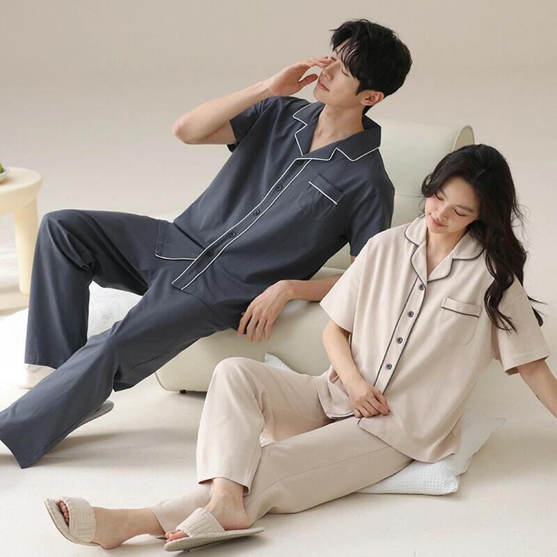 ペア パジャマ 半袖 夏 男女2着 セット 春 無地 カップル 綿100％ 薄手 ルームウェア 半袖トップス ロングパンツ 高級 春夏 ペアパジャ