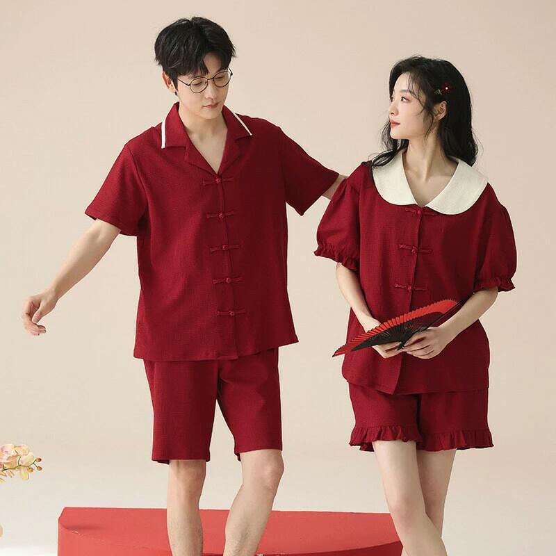 ペア パジャマ 半袖 夏 綿100% 男女2着 セット 大きいサイズ ゆったり カップル シンプル 薄手 ワッフル生地 ルームウェア 高級 春夏 ペ