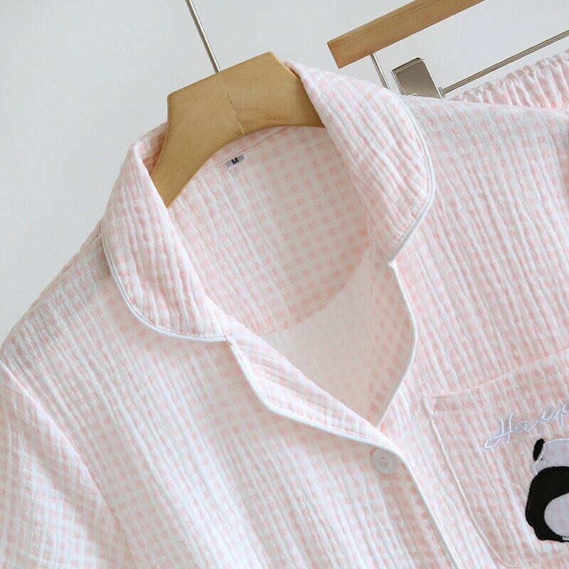 ペア パジャマ 半袖 夏 男女2着 セット 春 パンダ カップル ギンガムチェック コットン シンプル 薄手 ルームウェア 高級 春夏 ペアパジ