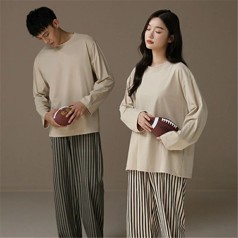 ペア パジャマ 長袖 男女2着 セット 綿100％ 無地 カップル 春 秋 シンプル 長袖トップス ルームウェア..