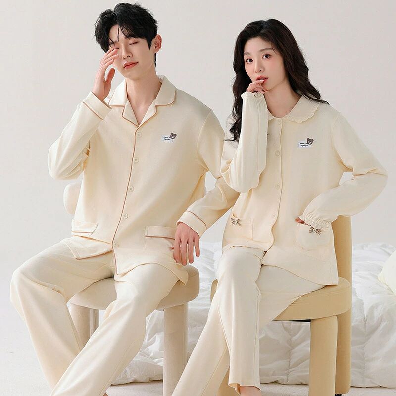 ペア パジャマ 長袖 男女2着 セット 綿100％ 可愛い 春 秋 無地 裏起毛無し 長袖トップス ルームウェア..
